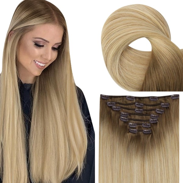 Fshine Balayage Real Hair Clip Extensions Blonde Ombre 45 cm Remy Clip-In Hair Extensions Light Brown to Dark with Platinum Blonde Full Head Double Weft Hair Extensions Clip 120 g / 7 Pieces #6/27/60