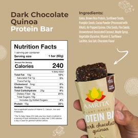AMRITA Dark Chocolate Quinoa Vegan Protein Bars - Peanut/Dairy Free, Soy & Gluten Free - 15g of Plant Based Protein Bars - High Fiber, Low Sugar Meal Replacement Bar, Breakfast Bars, High Protein Bars