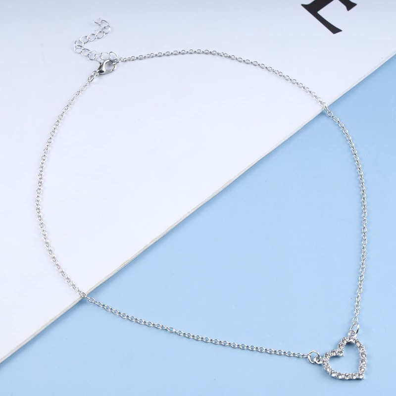 Cybche Boho Rhinestone Heart Necklace Crystal Heart Pendant Necklace Silver