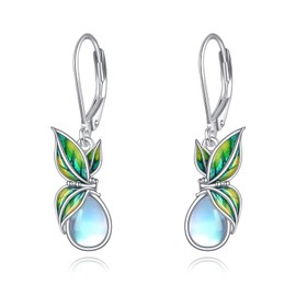 Moonstone Drop Earrings 925 Sterling Silver Green Leaf Hanging Earrings Moonstone Jewellery Gift for Women Girls, Sterling Silver, Moonstone