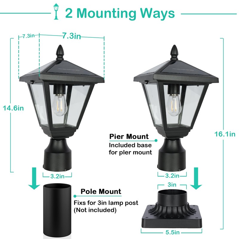 Jalarox Solar Post Lamp Lights, Metal and Glass Built Dusk