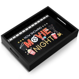Teenyyou Movie Night Serving Tray with Handles Wooden Snack Storage Box Snack Rack for Countertop, Storage Basket for Home Kitchen Movie Night Christmas Party Supplies(Black,Movie Night)