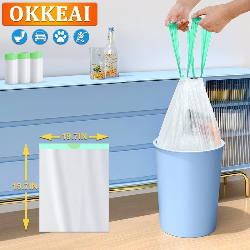 OKKEAI Bin Liners 15 L with Drawstring White Bin Bags,