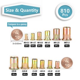 Kadrick Rivet Nut Kit, 810pcs SAE & Metric Rivet Nut Assortment Kit Galvanized Carbon Steel Flat Head Threaded Insert Nuts, Sizes 6-32 8-32 10-24 1/4"-20 5/16"-18 3/8"-16 M3 M4 M5 M6 M8 M10