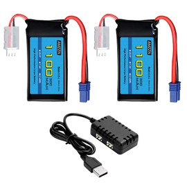 AMZZN 7.4V 1100mAh 2S Lipo Battery with EC2 Plug and 2-in-1 Charger for UTB18 RC Car, 4WD Unlimited Off-Road High-Performance Climbing Vehicle Battery Accessories (2PCS Battery+2-in-1 Charger)