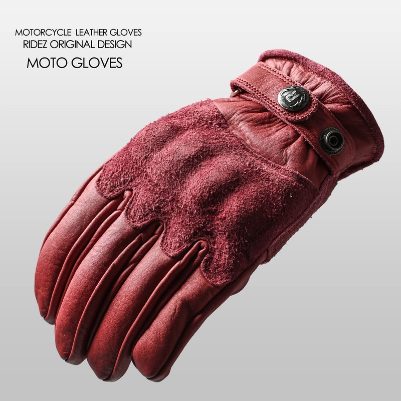 RIDEZ RLG2202-RED-M Motorcycle Genuine Leather Gloves, Short, Smartphone Compatible, Men's