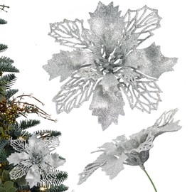 Dwafill Artificial Christmas Flowers, Christmas Tree Flowers with 15 Clips, Glitter Flowers, Christmas, Artificial Flowers for Christmas (Silver)