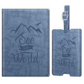 Fintie Passport Cover and Luggage Tag Set, Passport Vaccination Certificate Cover with RFID Blocking, Suitcase Tag with Address Tag, Name Plate for Travel Bag, Suitcase, Vintage blue, Basic