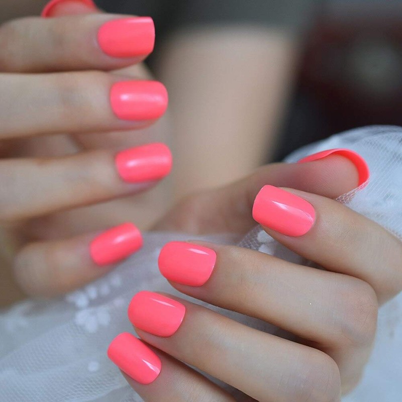 Neon Short Nails Summer Color Fake Nails Deep Pink Ladies