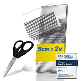 teeppo Set di adesivi di riparazione per zanzariera, 2 m, protezione dagli insetti, in fibra di vetro, altamente autoadesiva, per evitare zanzare, insetti, con forbici, colore grigio (2 m x 5 cm)
