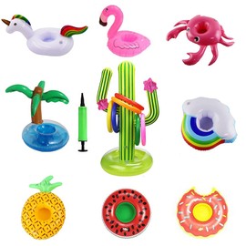 Inflatable Drink Holder, 8 Pack Drink Floats Inflatable Cup Holders +1pcs Cactus Holder and 6 Inflatable Ring Toss Game for Swimming Pool Party (8 Cup Holders+6 Rings+1 Cactus)