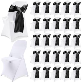 Lounsweer 50 Pcs Folding Chair Cover Set with 25 Stretch Spandex Chair Slipcovers 25 Satin Chair Sashes Bows Chair Ribbon Washable Banquet Chair Protector for Wedding Event(White, Black)