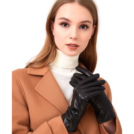 ZLUXURQ Womens Italian Soft Genuine Lambskin Leather Touchscreen Black Winter Gloves Cashmere Lined