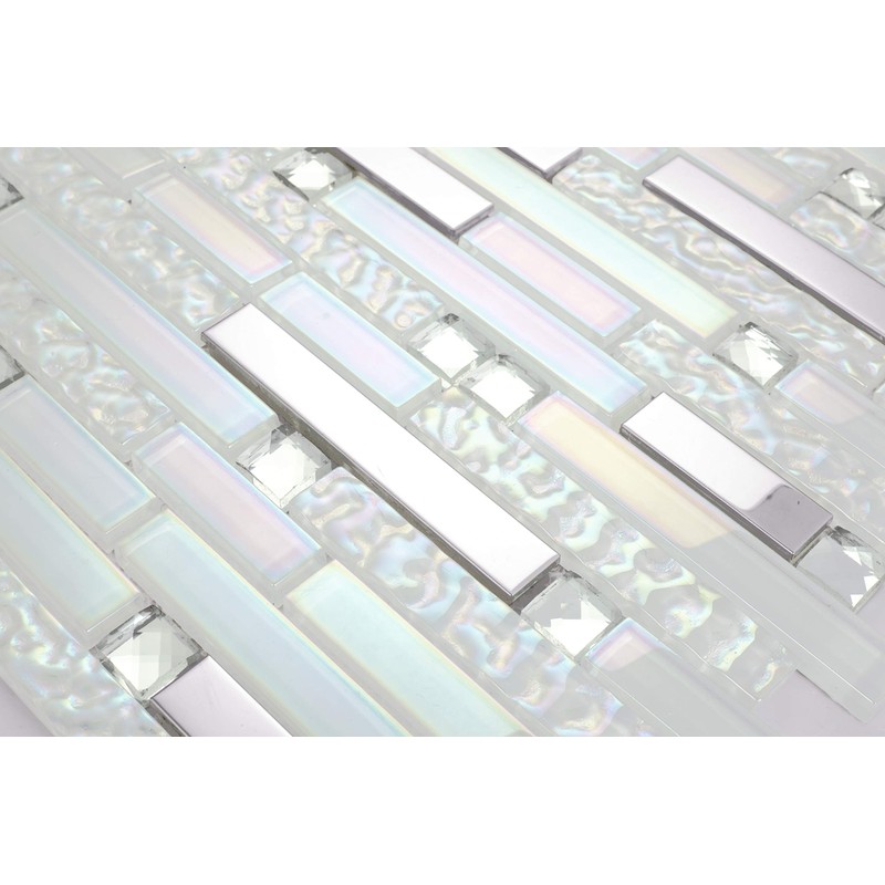 Hominter Glass Metal Tile Linear Mosaic Iridescent White Crystal Glass