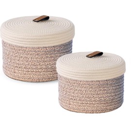Yearonan 2 Pieces Storage Baskets with lids-Cotton Rope Lidded Basket-Natural cotton thread, leather buckle, Decoration Basket with Lid-Woven storage basket with lid.(White Brown)