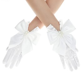 IYOU Satin Bow Wedding Gloves Short White Pearl Glove Costume Table Party Bridal Gloves for Women (White 1), white 1