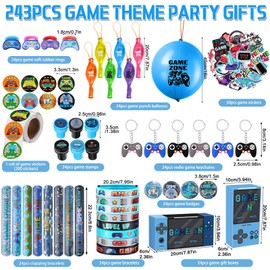 HyDren 243 Pcs Video Game Party Favors Includes Video Game Goodie Treat Boxes Punch Balloons Silicone Bracelets Keychains Badges Stickers for Gaming Birthday Party Supplies (Classic Style)