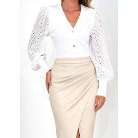 RSBFK Women Faux Leather High Waist Stretchy Pencil Skirts Split Front Midi Skirt, beige