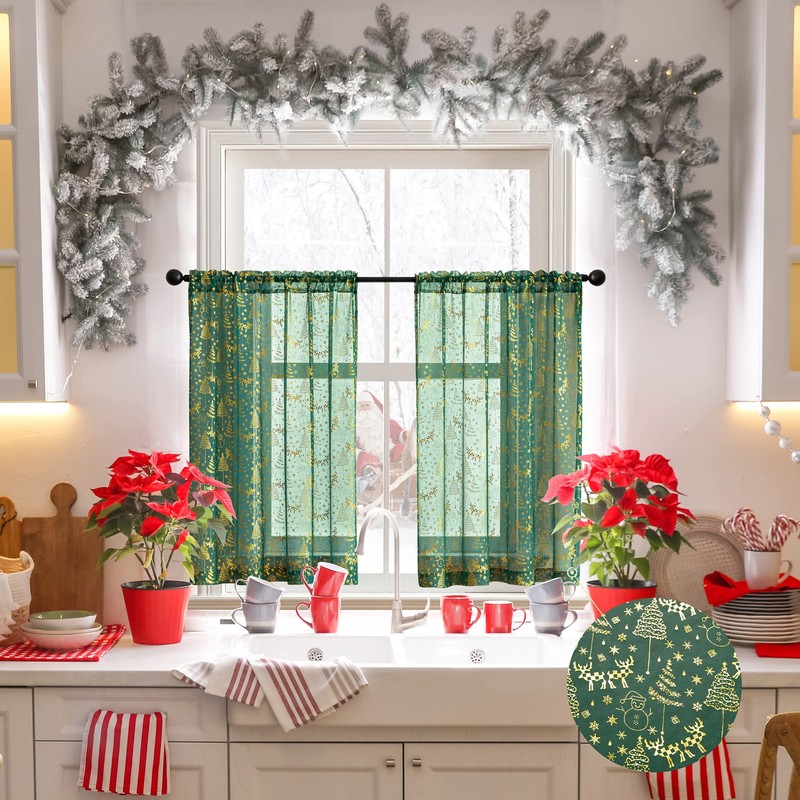 XTMYI - Cortinas de cocina verdes para Navidad, cortinas transparentes