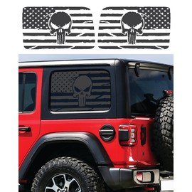 Compatible with Jeep Wrangler JL (4 Door) 2018 – 2023 | Precut Punisher Skull American Flag Window Decals | Both Side | Proudly Made in The US | Matte Black (Punisher US Flag)