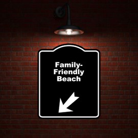 Family-Friendly Beach Black Sign Arrow Down Left Aluminum Composite Sign 8.5 x 10 inches