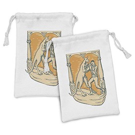 Lunarable Tropical Fabric Pouch Set of 2, Kangaroo Jumps Against Disappearance of Sun Rays Wallaby Horizontal Lines, Small Drawstring Bag for Toiletries Masks and Favors, 9" x 6", Orange and Blue