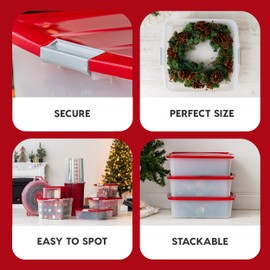 IRIS USA 33 Qt. Holiday Wreath Storage Container Box with Lid, 3-pack, Stackable Under Bed Storage Organizer Bin with Latching Buckles for 20" Wreaths Festive Holiday Decorations Garlands, Clear/Red