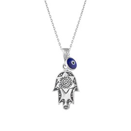 MYSTIC JEWELS By Dalia - Hamsa 925 Sterling Silver 7mm Evil Eye Pendant Necklace, Crystal, No Gemstone