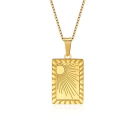 Gold Plated Crescent Sun Dog Tag Pendant Necklace with Box Chain, Celestial Design