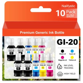 Nalifystic GI-20 GI20 Ink Refill Bottles Compatible for PIXMA G6020 G7020 G5020 Printers 10 Color Multipack (10-Pack, 4BK/2C/2M/2Y)