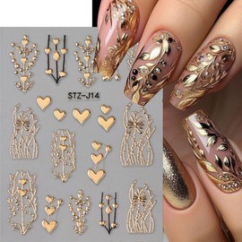 Gold Nail Stickers 5D Heart Nail Art Decals Golden Design Sticker 3PCS Self-Adhesive Acrylic Fall Nail Charms Plant Slider Manicure Accessories Embossed Heart Nails Decorations for Nail Art