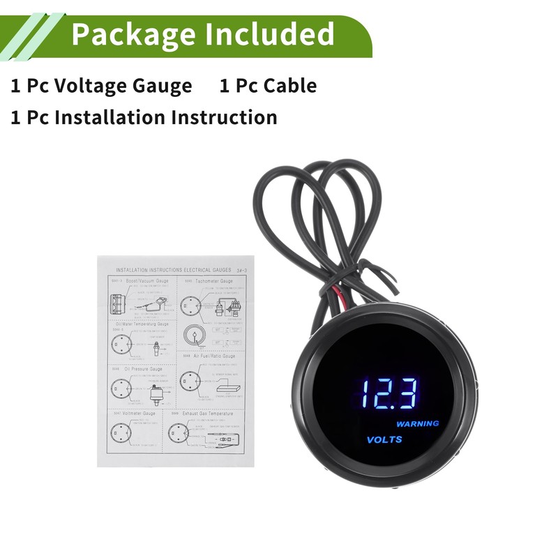 VekAuto 2" 52mm DC 12V Voltage Gauge Blue Light LED