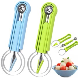 Pack of 2 Melon Slicers, 3-in-1 Fruit Cutter, Multifunctional Watermelon Cutter, Stainless Steel, Suitable for Cutting Watermelon, Melon and Papaya (Green + Blue)