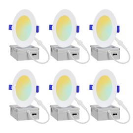 GLOWNOVA 6-Pack of 4-Inch Ultra-Slim LED Downlights with Junction Box, Adjustable Color Temperatures (2700K-5000K), 9W EQV to 75W, Dimmable, 950LM Luminance - ETL and Energy Star Certified