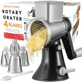 Brieftons 4-Blade Rotary Cheese Grater, Kitchen Food Cutter with Handle, Mandoline Vegetable Slicer, Nut Grinder, Hand Crank Shredder for Cheese, Vegetables, Fruits, Nuts, Easy to Use, Clean & Store