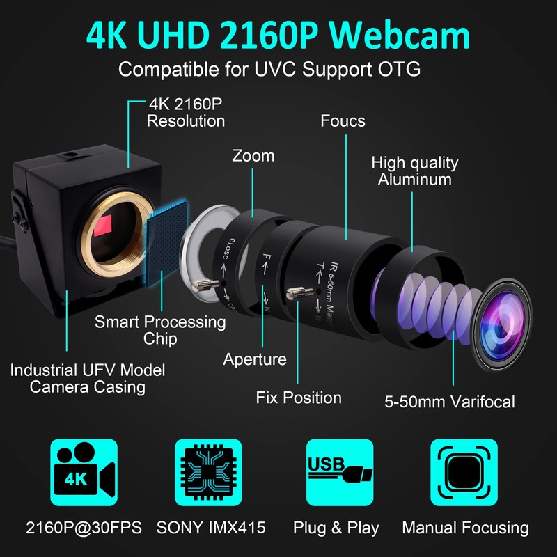 ELP 4K USB Camera Ultra HD 2160P Webcam Variable Focus