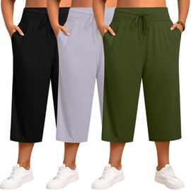 Neer 3 Pack Women's Capris Plus Size Yoga Lounge Pants Wide Leg High Waist Drawstring Cropped Cotton Sweatpants with Pockets(Black, Light Gray, Army Green,XL)
