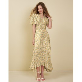 Olaesa Women's Bohemian Floral Wrap Maxi Dress 2025 Summer Split Short Sleeve Boho Belted Flowy Dresses with Pockets, Yellow Floral