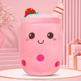 DAJASD Bubble Tea Plush Toy, Bubble Tea Cuddly Toy, 25 cm, Tea Cup Cushion Children's Toy, Bubble Pearl Milk Tea Cuddly Cushion for Children, Girls, Adults, Cartoon (Pink)