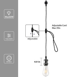 Hiiglxii H Track Pendant Lights with Adjustable Cord, H Type Track Lighting Pendants Lights Fixtures with E26 Socket, Retro Vintage Style, Max Length 39.37 inch, Black 6 Pack(Bulbs Not Included)