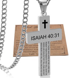 Cross Necklace for Men with Bible Verse, Christian Religious Isaiah 40 31 Scripture Baptism First Communion Silver Cross Chain Pendant for Boys Jewelry,Fathers Day Dad 2024 Graduation Gifts for Him