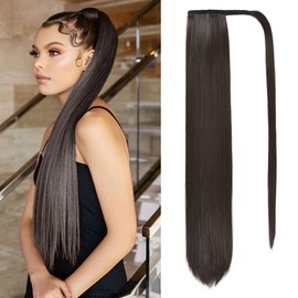 Long Straight Ponytail Extension Clip in, 32 Inch Wrap Around Ponytail Heat Resistant Synthetic Pony Tail Hair Extainson Brown Hair Ponytails for Women Girls (Black Brown)