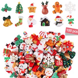 Kalolary 100 adornos variados, resina, lisos, manualidades de Navidad, miniatura, decoración de Santa, muñeco de nieve, árbol, campana, dijes, funda