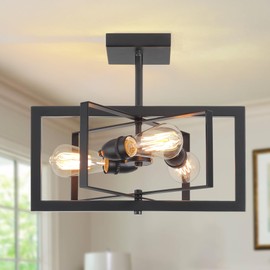 Bosomfr 3-Light Black Ceiling Light Fixture for Dining Room Foyer Modern Farmhouse Lighting Fixtures Semi Flush Mount Rectangle Metal Ceiling Light for Bedroom Kitchen Island Entryway 15.74''