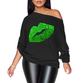 PESION Women's Long Sleeve Boat Neck Off Shoulder Blouse Tops Sequin Lips Shirts, Black+ Green Lip, XX-Large