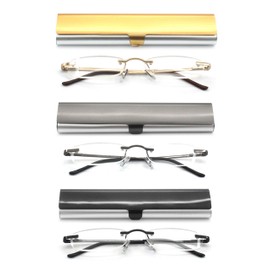 EYE ZOOM 3 Pack Rimless Reading Glasses with Slim Case for Men and Women, Black, Gold and Gunmetal, +3.50