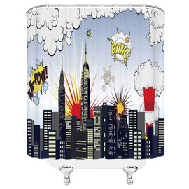 XZMAN Superhero Shower Curtain Buildings Cityscape City Skyline Cartoon Comic Art Creative Kids Black White Polyester Home Bathroom Decor Set with Hooks,(70" WX70 H)