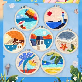 Punch Needle Kits Adults Beginner DIY Hawaiian Style 8 in Hoop Embroidery Set Starter Punch Needle Tool for Art Crafts, Ideal for All Ages, Perfect Festival Decoration & Gift (White Houses)