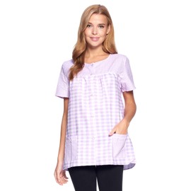 Casual Nights Women's Snap Front Smock Cobbler Woven Scrub Apron Top with Pockets - Purple Plaid - X-Large