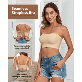 Xcutting Strapless Bras for Women Non-Slip Silicone Bandeau Bra Seamless Wireless Strapless Bra Padded Bras with 1 Pairs Straps (Nude, X-Large)